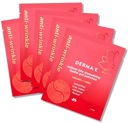 DERMA E Retinol + Bakuchiol Under Eye Patches (5 Pairs) Non-Irritating, Line Smoothing Hydro Gel Eye Patches with Rose Water & Real Hibiscus Petals, Helps Reduce Fine Lines, Crows Feet & Wrinkles,10Ct