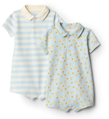 Amazon Essentials x Sofia Grainge Baby Boys' Short-Sleeve Cotton Polo Romper Suit, Pack of 2, Giraffe/Stripes, 6-9 Months