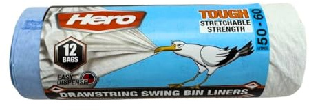 Hero Swing Bin Bag Liners x 12 Bags, Embossed Stretchable Strong Refuse Sacks, Drawstring Handle, 50-60 Litre White ideal for Bathroom, bedroom, Kitchen small bins