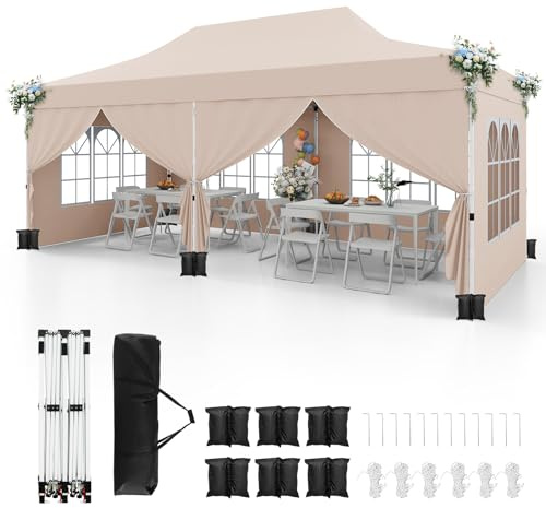 COSTWAY Carpa Plegable 3x6m, 6 Paredes Laterales Desmontables, Pergolas de Jardin Pop UP, Protección UV 50+ Impermeable, 6 Sacos de Arena, Cenadores Pabellón Jardin Exteriores (Beige)