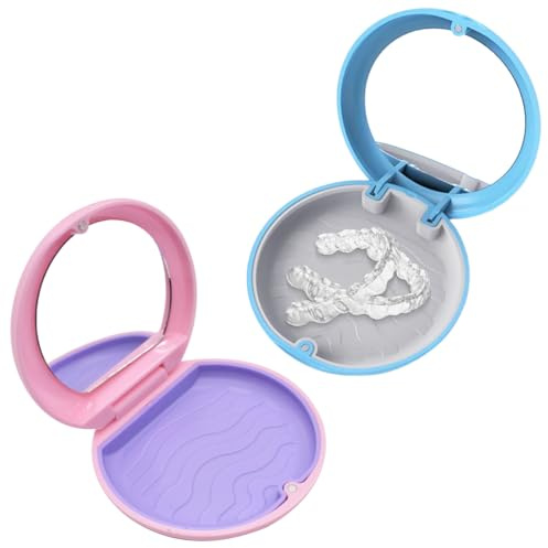 KIRZAX 2 Piezas Caja Ferula Dental,Caja de Almacenamiento para Dentaduras Postizas, con Espejo, caja de Retenedor,Porta Apparecchio Denti,Dentale Contenitore Per Protesi Dentarie,Azul + Rosa