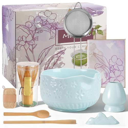 9PCS Tea Steeper Stirring Matcha Kits, Matcha Tea Set Whisk Starter Kit, Ceramic Matcha Bowl with Spout Und Luffa (Blue)