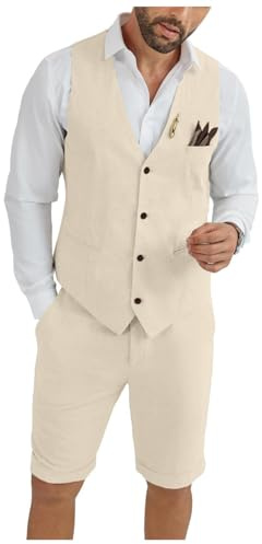 Ensemble 2 pièces en lin pour homme avec gilet et short - Tenue d'été légère pour la plage, les fêtes de mariage, champagne, 5XL