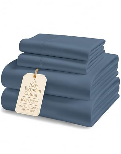 LANE LINEN King Size Sheets Deep Pocket Set Sateen Weave - Estate Blue