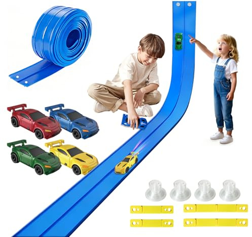 RedCrab Pista de Carreras Flexible para Niños, 500cm de Largo Circuito Flexible con 4 Coches y 4 Ventosas, Pista de Carreras Portátil y Enrollable para Niños