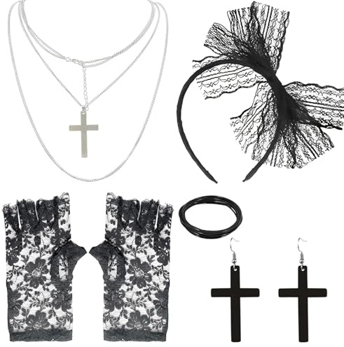 YSAOAKA 5 piezas 80 años Disfraz Mujer Accesorios Negro, Accesorios Vintage de los Años 80, Traje negro vintage diadema de encaje, aretes negros, guantes de encaje, Collar Pulsera para damas y niñas