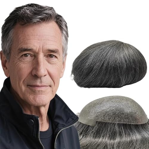 Toupee for Men Yanahair Straight Hair Pieces Mens Replacement System Hair Units100% European Real Human Hairpieces Hair System 0.04 Poly Soft Thin Skin PU V-loop (#1B60 Black and Gray, 8x10)