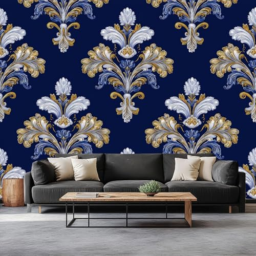 Papel Tapiz Fotográfico Efecto 3D Retro Barroco Floral Arte, Azul Oscuro Papel Pintado Tejido No Tejido 250 x 175 cm (An x Al) - Decorativos Murales para Pared Salón y Dormitorio