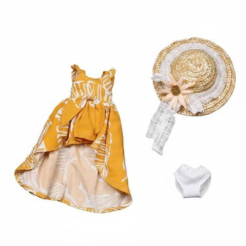 MagiDeal Tenue d'Été pour Poupée BJD Ensemble Robe Accessoires Habillage en Tissu Léger Destiné à la Collection Photographie Jeux , Jaune , Robe De Plage Asymétrique avec Chapeau De Paille Et Culotte