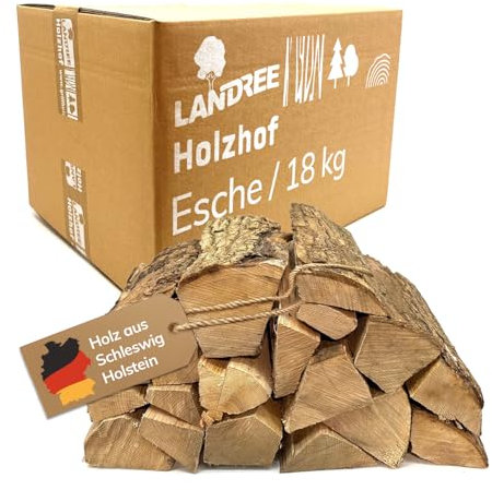 Landree Kaminholz Esche 18 kg für Kamin, Kaminofen, Lagerfeuer, Feuerschale und Ofen, 20-25 cm Scheitlänge, kammergetrocknet, Kaminofen Holz, Brennholz vom Familien-Holzhof aus Schleswig Holstein
