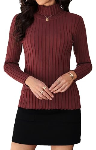 Gyabnw Pull Femme à Col Roulé, Rouge, Manche Longue, Hiver, Chic, Basique, Elastique, Tricote, Sweater, Top, Elegant, A-Vin Rouge, M