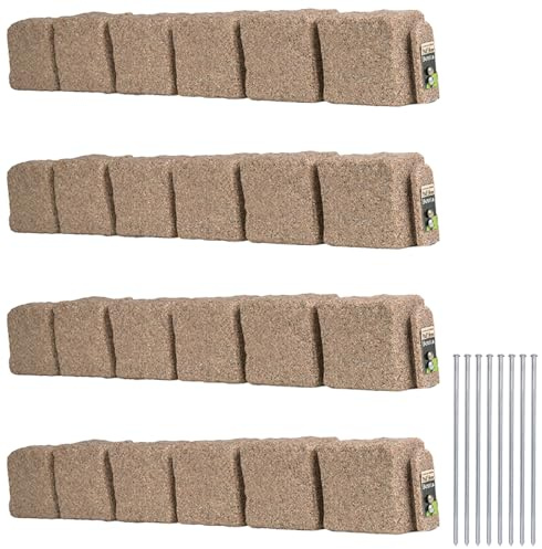Beuta Landscape Edging | Garden Edging Border | Faux Stone Blocks for Lawn Edging, Flower Beds & Yard Edging – 4 Pack | Each Section Has 6 Blocks 48 L x 4 W x 6.5 H | 8 Spikes | Sandstone