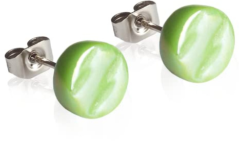 Runde Ohrstecker mit grünem Stein in Perlmuttoptik • Bunte Ohrringe für Damen • Nachhaltiger Modeschmuck aus Edelstahl & Glas • Ø 8mm