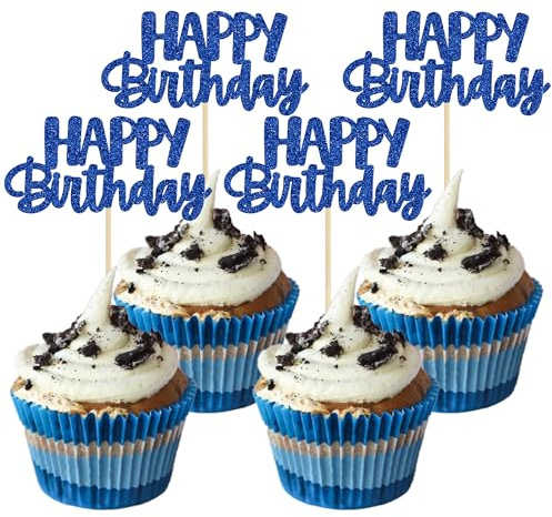 Gyufise 24Pcs Happy Birthday Cupcake Toppers Glitter Cupcake Food Picks for Celebrating Happy Birthday Theme Party Cake Decorations Supplies Deep Blue