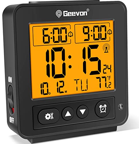 Geevon Small Atomic Travel Alarm Clock with Auto/8s Backlight, 2 Alarm Settings, Temperature, Increasing Beep Sounds Digital Atomic Travel Clock Battery Operated for Bedroom, Bedside, Black