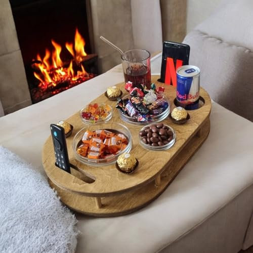 Couchbar Snackbox mit 4 Glasschalen - Sofabar für Snacks und Getränke - Couchtabletts mit Getränkehalter - Sofa Butler - Snackbar für die Couch - Couch Tablett mit Getränkehalter