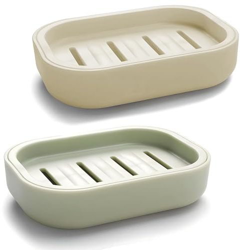 2Pcs Soap Dish, Soap Holder, Portable Shower Soap Box, Non-slip, Dry, Suitable for Bathroom, Kitchen,Easy Cleaning(khaki & Light Green)