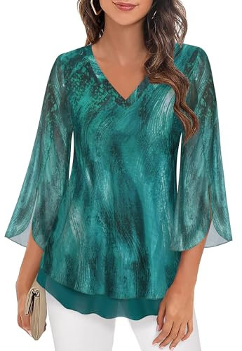 Elegante Oberteile Damen Festlich für Hochzeit Tunika Damen 3/4 Arm Bunt Blusen Party Abend Shirt Floral Blumenmuster Tunika Shirt Breite Ärmel Bluse Bequem Bauch Kaschieren,M