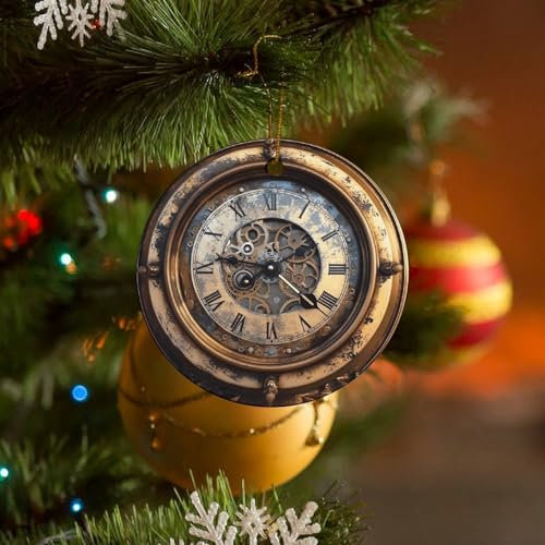 2024 Christmas Tree Ornaments Round Double-Side Ceramic Hanging Ornament with Gold Rope Steampunk Clock Christmas Pendant Christmas Tree Decorations for Xmas Family Party Holiday 4 Pcs