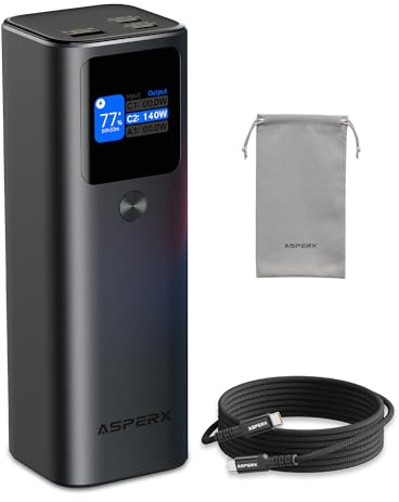 AsperX 27600mAh Batterie Externe Grande Capacité pour Ordinateur Portable,2 Ports USB-C 140W PD3.1 Charge Rapide,écran TFT,Power Bank pour iPhone16/15,Galaxy et MacBook(en Alliage d'aluminium)