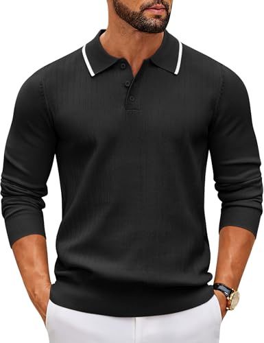 COOFANDY Pull Polo Homme Manches Longues Tricoté Casual Chic Chandail Léger et Doux Polo de Travail Business Décontracté Taille S-3XL Noir L