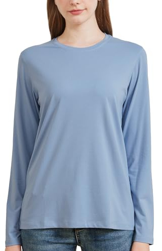 netdraw Women's Bamboo Viscose Cotton Long Sleeve T-Shirt, Crew Neck Buttery Soft Comfy Casual Lounge Sleep Pajama Tees, Frost Blue, Medium