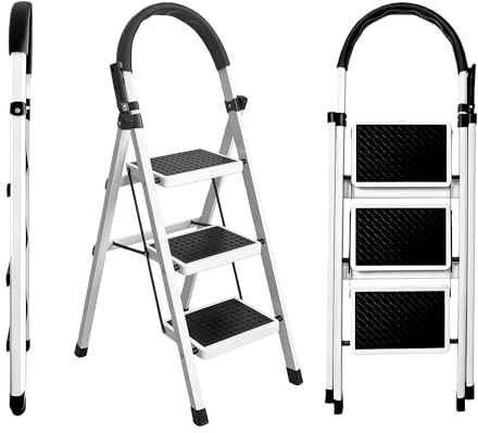 Brstheco fällbar stege, pallstege, kolstålstege 3/4/5/6 steg, stege, trappstege med handräcken, hushållsstege, pallstege med en belastningskapacitet på upp till 125 kg. (3-stegs)