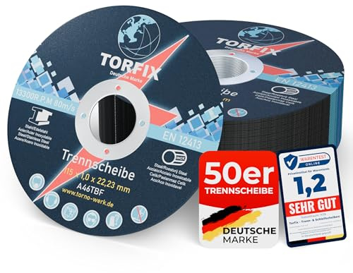 Torfix Skärskiva 50-pack 115 x 1,0 x 22,23 mm – stål och rostfritt stål/stålinox skärskiva, tunn flexskiva för vinkelslip (115 mm, 50, stycken)