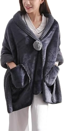 Poncho Da Donna In Pile Coperta Portatile Morbida Coperta In Pile con Bottoni Giacca Da Letto con Tasche Coperte Di Peluche Sciarpa Avvolgente Mantello con Bottoni Per Letto Divano Ufficio Grigio Ta