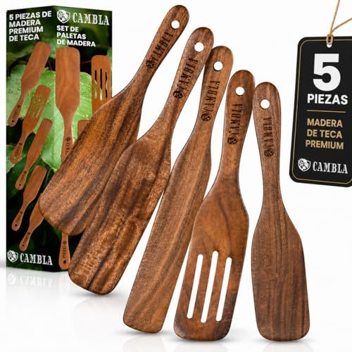 Espátulas Madera Para Cocinar - Juego de 5 Utensilios de Cocina Madera de Teca, Accesorios Cocina Duraderos y Antiadherentes, Para voltear, untar,servir y remover.