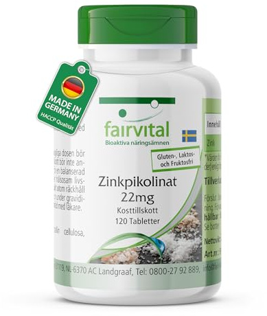 fairvital, zinkpikolinat 22mg, 120 tabletter, 22mg zink per tablett, kvalitetskontrollerad och högdoserad, 100% vegansk, tillverkad i Tyskland