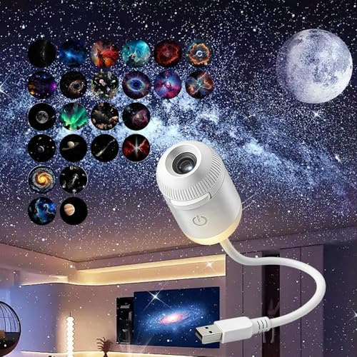 2-i-1 galaxprojektor nattlampa med 24 projektionsfilmer, 360° roterande stjärnhimmelprojektor, USB galaxprojektor LED-lampa, HD mjölkig väg humörbelysning för sovrum bil, nebulosa takdekor gåva