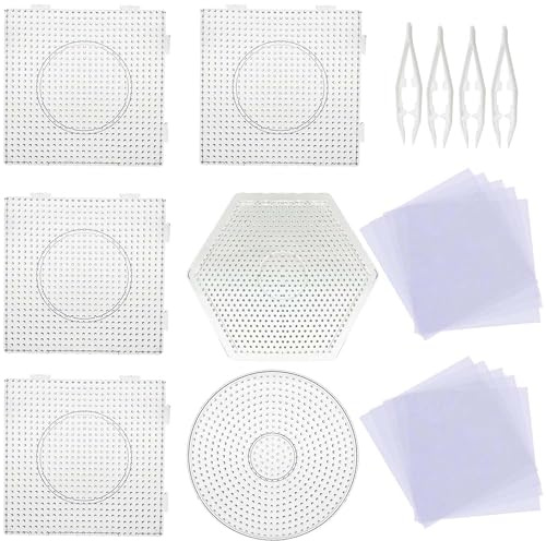 Allazone 5mm 6 Pz Pegboards Plantillas Grandes con 4 Pz Cuentas Blancas, 20 Pz Papel de Planchado