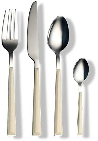 Echtwerk bestickset Basic med plasthandtag, campingbestick, picknickbestick, lätt resebestick, utomhusbestick för grillning utomhus, 16 delar, upp till 4 personer, 18/0 rostfritt stål, gräddvit