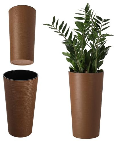 KADAX Pflanzkübel mit Innentopf Braun Ø 30 cm, Höhe 57.5 cm – Moderner Pflanztopf mit Einsatz, Blumentopf aus robuster Kunststoff für Innen- und Außenbereich, ideal für Wohnzimmer, Balkon, Büro