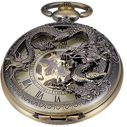 Tiong Reloj de Bolsillo mecánico de Esqueleto de Bronce con Escultura Fina, diseño de dragón de Bolsillo, mecánico para Regalo de Hombre, Mpw118-uk