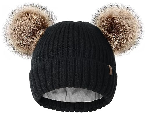 FURTALK Fleece Lined Cute Winter Beanie Hats for Women Girls Warm Knit Hats with Double Faux Fur Pom Poms