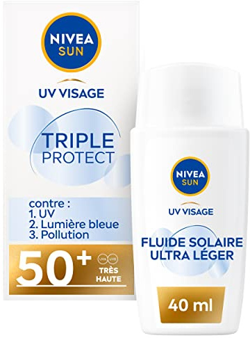 NIVEA SUN Soin Solaire Visage Triple Protect 50+ (1 x 40 ML), Fluide Visage à la Texture Ultra-légère, Fluide Protecteur Quotidien Contenant de l’Acide Hyaluronique