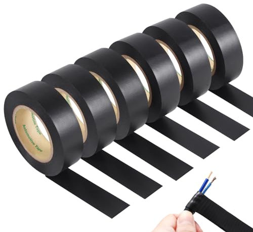 6 Rodillo Cinta Aislante en PVC Negra, 25mm x 20m Cinta Eléctrica para Coche, Electrical Tape, Cintas Aislante Adhesiva para Reparaciones y Aislamiento, para Mazos de Cables, Electrodomésticos