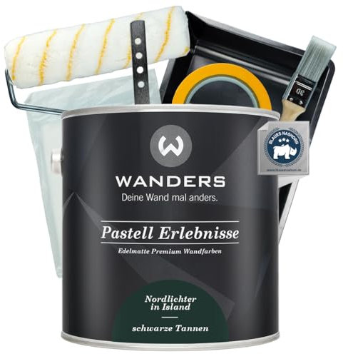 Wanders Peinture murale Pastel Erlebnisse 2,5 l (sapin noir, vert foncé) avec kit de peinture Basic - Peinture à la craie de qualité supérieure, facile à utiliser, très opaque, ultra mat, parfait pour