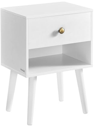 VASAGLE Bedside Table, Side Table with Storage Drawer and Open Shelf, Solid Wood Legs, End Table for Living Room, for Bedroom, Sofa, Cloud White LET655W01