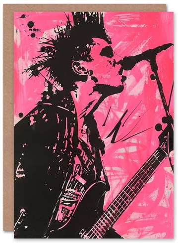 Artery8 Greeting Card Punk Music Singer Guitarist Modern Portrait Pink Blank For Him Or Her Art Birthday Card
