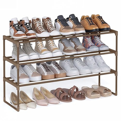 SONGMICS 3-Tier Shoe Rack, Metal Shoe Storage Organiser Fits 16 to 20 Pairs | Shoe Storage Rack 30 x 92 x 55 cm, Upright or Upside Down Stackable for Hallway,Walnut Brown,DEKY CollectionLSA303K01