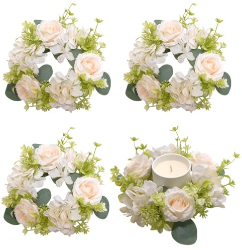 4 ghirlande di ortensie artificiali, con anelli per candele, per Natale, matrimoni, casa, tavolo, feste, decorazione (bianco)