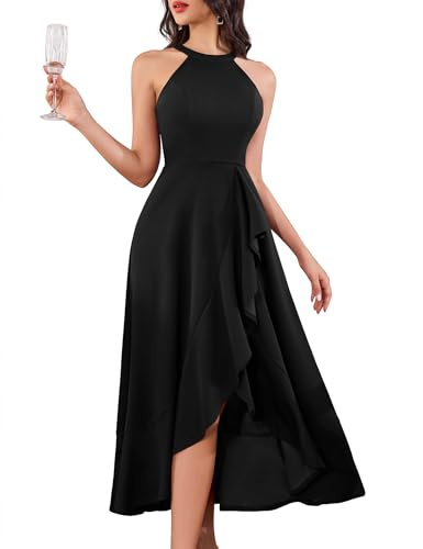 Aupuls Neckholder aftonklänning dam lång för bröllopsgäst elegant hi-Lo festliga klänningar med vokuhila för bal cocktail, svart, S