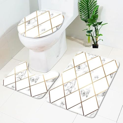Badezimmerteppich Golden Grey Geometrie WC Vorleger mit Ausschnitt WC Deckelbezug 3 Teiliges WC Teppich rutschfeste Badgarnitur U förmiger Badematte Waschbar Bad Teppiche Set 50x80 cm