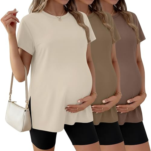 Ficerd 3 Pack Women's Maternity T Shirts | Ladies Short Sleeve Side Split Pregnancy Tops, Casual Crew Neck Pregnant Tees, Basic Loose Fit Soft Mama Clothes