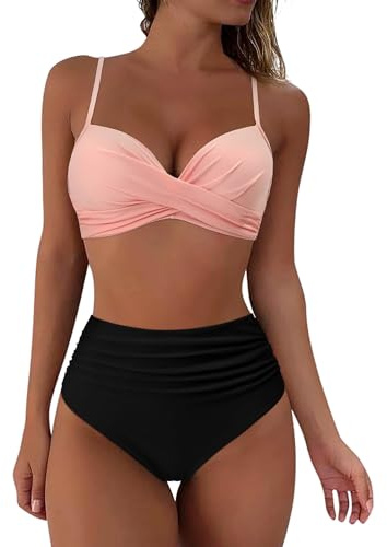 DOULAFASS Women Two Pieces Criss Cross V Neck Push Up Bikini Sets Ruched High Waisted Swimsuit Swimwear