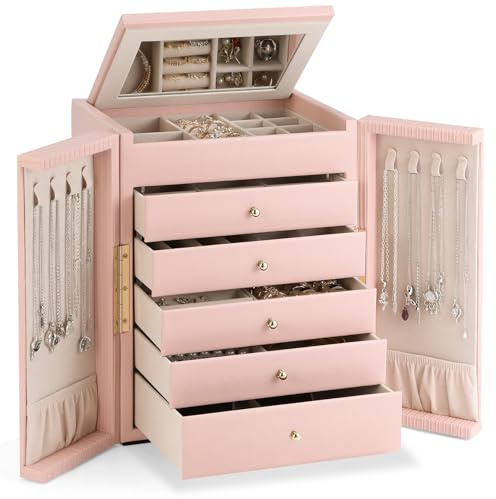 Dajasan Joyero, almacenamiento de joyas con espejo, 5 cajones, grande, joyero para mujer, caja de regalo para Navidad, Año Nuevo, Día de San Valentín, Día de la Madre, cumpleaños (rosa)