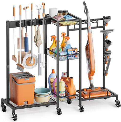 Broom Holder with Cleaning Supplies Organizer, Broom Closet Storage Cabinet with Cleaning Caddy Vacuum Stand, Cleaning Cart with Mop Hanger Gripper Rack Hook, Laundry Room Organization Home Essentials